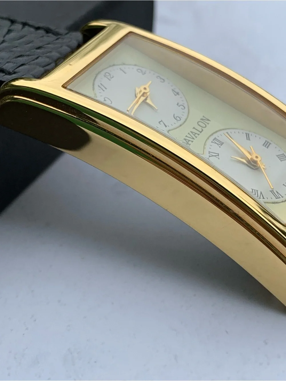 Avalon by Citizen Gold-Tone Rectangular Dual Dial Watch with Black Strap